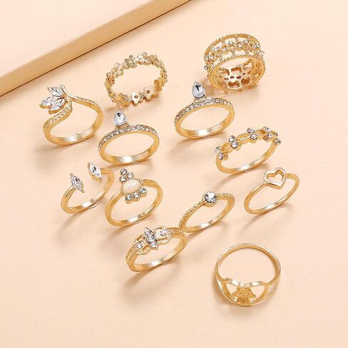 ZZ ZINFANDEL 12Pcs Gold Heart Flower Knuckle Rings Set for Teen Girls,Boho Heart Love Crown Stackable Finger Chunky Rings for Women,Adjustable Open Rings Band Jewelry in Kuwait