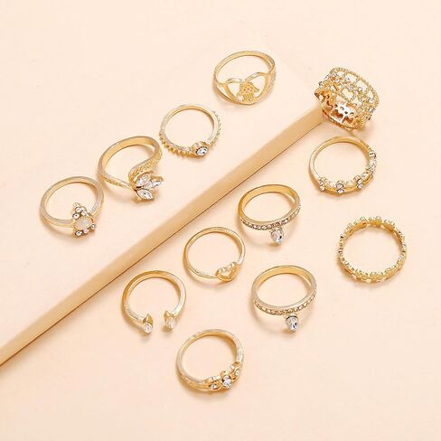 ZZ ZINFANDEL 12Pcs Gold Heart Flower Knuckle Rings Set for Teen Girls,Boho Heart Love Crown Stackable Finger Chunky Rings for Women,Adjustable Open Rings Band Jewelry in Kuwait