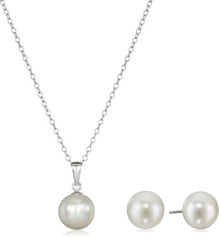 Amazon Collection White Chinese Freshwater Cultured Pearl Button Earrings and Pendant Necklace Jewelry Set (9.0-9.5mm) in Saudi Arabia