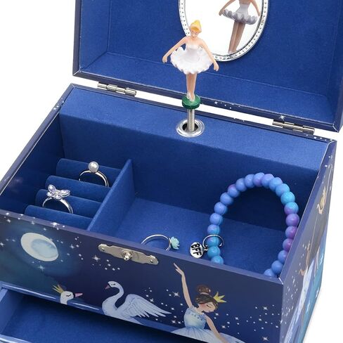 صندوق المجوهرات الموسيقية Jewelkeeper Ballerina مع درجين قابلين للسحب، تصميم لامع، صندوق تخزين المجوهرات الموسيقية للفتيات من Swan Lake Tune مع راقصة الباليه الدوارة، تصميم لامع، Swan Lake Tune in Kuwait