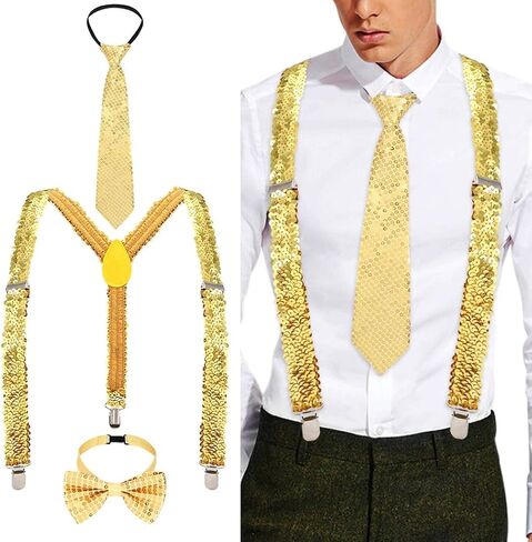 Glitter Sequin Suspender Sparkle Elastic Suspenders and Bowtie Party Adjustable Necktie Suspenders for Men and Women in Saudi Arabia