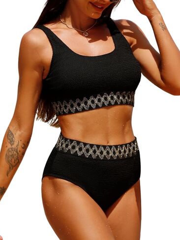 CUPSHE Women's Bikini Sets Tank High Waisted Wide Straps Scoop Neck Textured Bandeau Swimsuit in Saudi Arabia