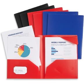 Blue Summit Supplies Plastic Two Pocket Folders, Reinforced Corners, Durable 2 Pocket Folder with Corner Flaps Inside to Hold Papers in Place, Assorted Bold Colors, 6 Pack