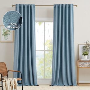 EMEMA 100% Blackout Curtains, Linen Curtains 84 Inches Long, Curtains for Living Room, Rod Pocket and Back Tab Window Drapes for Bedroom, 52x84 Inch, Beige, 2 Panels