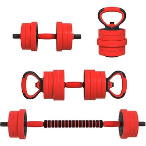 Soozier Adjustable Dumbbell Sets, 4 in1 Weights Dumbbells Set Used as Barbell, Kettlebells, Push up Stand, Free Weight Set for Men and Women Home Gym Training, Red 44/55/66lbs