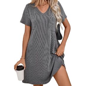 levaca Womens Summer Tshirt Dress 2024 V Neck Short Sleeve Ribbed Casual Dresses with Pocket