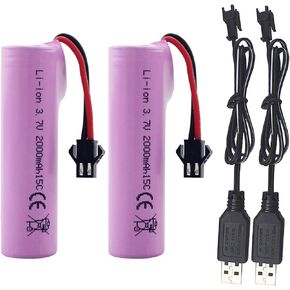 2PCS 3.7V 2000mAh SM-2P Plug Lithium Battery with USB Charging Cable Suitable for DE68 DE44 DE45W DE45 DE58 DE49 DE57 DE70 Off-Road Vehicle Truck Tank RC Toy Car Spare Batteries