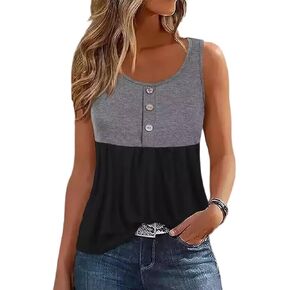 AIMITAG Color Block Button Front Tank Tops for Women Casual Ruffled Sleeveless Shirt Flowy Double Layers Tunic Tank Shirts