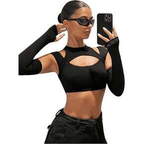 WDIRARA Women's Cut Out Cropped Tank Tops with Arm Sleeve Y2K Slim Fit Solid Cheeky Tank