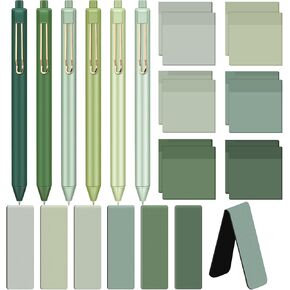 18 Pcs Sage Green Stationery Set Office Supplies Include 6 Sticky Notes 6 Retractable Black Ink Pens 0.5mm 6 Magnetic Bookmarks Aesthetic Accessories Set for Office Supplies