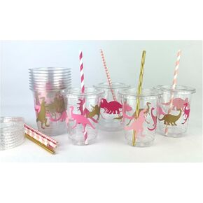 Pink & Gold Dinosaur Party Disposable Plastic Cups, Girl Birthday Favors, Baby Shower, Lids, Paper Straws, Set of 12