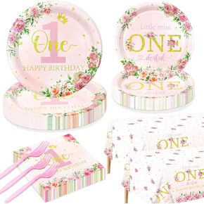 Floral 1st Birthday Party Supplies for 40 Guests, Disposable Tableware Set Include Miss Onederful Plates, Napkins, Forks, Happy 1st Birthday Tablecloths for Girls Baby First Birthday Party Decorations