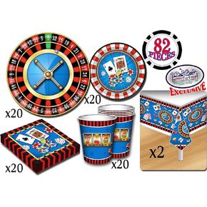 Deluxe Casino Night Theme Party Supplies Set for 20 People, Includes 20 Large Plates, 20 Small Plates, 20 Napkins, 20 Cups & 2 Table Covers - Perfect for Casino Night or Birthday (82 Pieces Total)