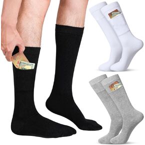 Shihanee 3 Pairs Mens Novelty Pocket Dress Socks Wallet Socks with Hidden Pockets Crew Socks for Traveling, Hiking, Cycling, Working