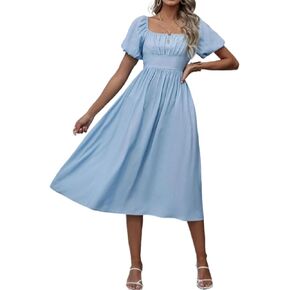 Women's Boho Square Neck Smocked elegant leisure time Short sleeve High waisted Solid color A Line Dress