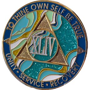 44 Year AA Medallion Elegant Marble Caribbean Aqua Glitter Eternity Sobriety Chip