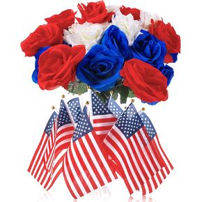 Jexine 48 Pcs Red White Blue Flowers Set Include 24 Stems 4th of July Patriotic Red White Blue Flowers with 24 Pcs Small American Flags for Bouquet Cemetery Grave Decoration