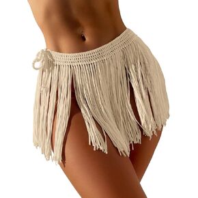 OYOANGLE Women's Swimsuit Cover Ups Boho Tassels Fringe Trim Crochet Beach Skirts Tie Side Bathing Suits