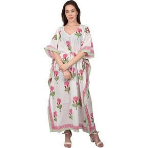 Women's Summer Dress Hand Block Rose Print Cotton Maxi Kaftan Nightwear Dress Beach Wear Dress Floral Cotton Kaftan/Caftan Dress