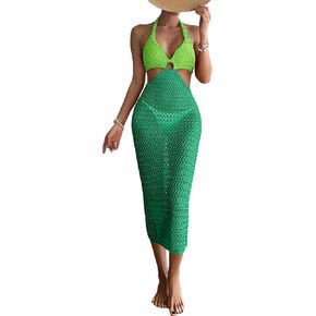 Milumia Women's Crochet Swim Cover Up Backless Halter Long Dress Coverups Beachwear