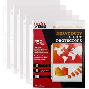 Office Werks 250 Sheet, Heavy Duty Clear Page Protectors 8.5"x11" for 3 Ring Binder, Plastic Sleeves, Durable Top Loading Paper with Reinforced Holes Archival Safe