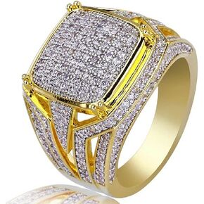Luxury 18K Yellow Gold Plated Iced Out Diamond Rings Tiny Cubic Zirconia Micro Pave Square Hip Hop Exaggeration Full Diamond Rings for men…