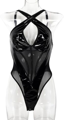 bslingerie Latex PVC Fishnet Sheer Plunge Deep V Corset Rave Clubwear Bodysuit in Saudi Arabia