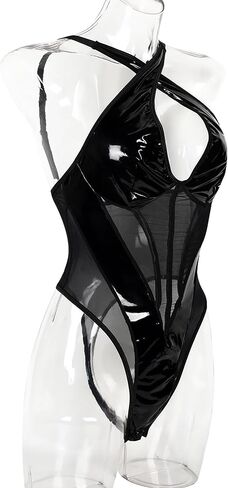 bslingerie Latex PVC Fishnet Sheer Plunge Deep V Corset Rave Clubwear Bodysuit in Saudi Arabia