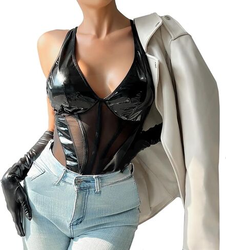 bslingerie Latex PVC Fishnet Sheer Plunge Deep V Corset Rave Clubwear Bodysuit in Saudi Arabia