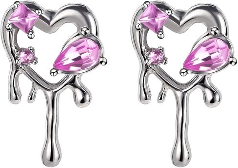 coadipress Silver Melting Heart Stud Earrings for Women Little Girls Personalized Punk Cool Pink Crystal Melted Water Drop Shaped Metal Love Heart Polished Piercing Jewelry Gifts Valentine's Day Mom Wife in Saudi Arabia