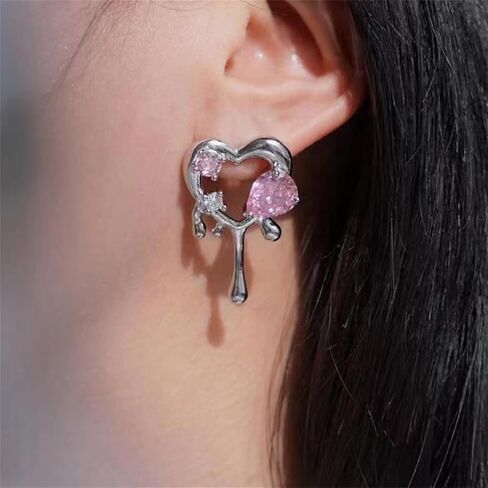 coadipress Silver Melting Heart Stud Earrings for Women Little Girls Personalized Punk Cool Pink Crystal Melted Water Drop Shaped Metal Love Heart Polished Piercing Jewelry Gifts Valentine's Day Mom Wife in Saudi Arabia