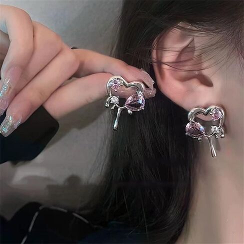 coadipress Silver Melting Heart Stud Earrings for Women Little Girls Personalized Punk Cool Pink Crystal Melted Water Drop Shaped Metal Love Heart Polished Piercing Jewelry Gifts Valentine's Day Mom Wife in Saudi Arabia