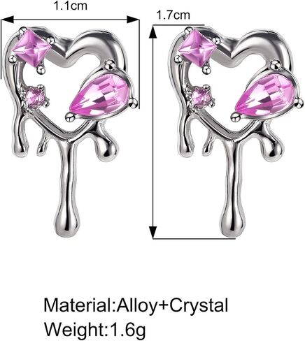 coadipress Silver Melting Heart Stud Earrings for Women Little Girls Personalized Punk Cool Pink Crystal Melted Water Drop Shaped Metal Love Heart Polished Piercing Jewelry Gifts Valentine's Day Mom Wife in Saudi Arabia