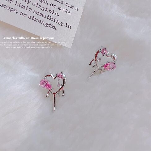 coadipress Silver Melting Heart Stud Earrings for Women Little Girls Personalized Punk Cool Pink Crystal Melted Water Drop Shaped Metal Love Heart Polished Piercing Jewelry Gifts Valentine's Day Mom Wife in Saudi Arabia