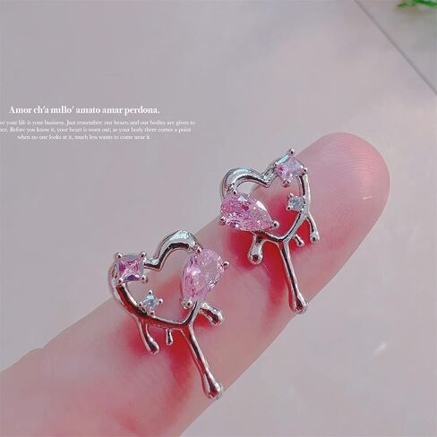 coadipress Silver Melting Heart Stud Earrings for Women Little Girls Personalized Punk Cool Pink Crystal Melted Water Drop Shaped Metal Love Heart Polished Piercing Jewelry Gifts Valentine's Day Mom Wife in Saudi Arabia