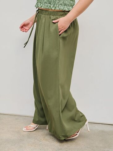 CIDER Elastic Waist Wide Leg Trousers Curve & Plus in Kuwait