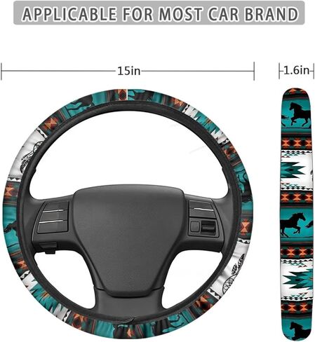جنوب غرب العرقية القبلية غطاء عجلة القيادة سيارة أزتيك الحصان حلم الماسك طباعة هندسية عجلة القيادة يغطي العالمي صالح 14-15 بوصة حامي عجلة القيادة، أخضر أبيض، هدية in Kuwait