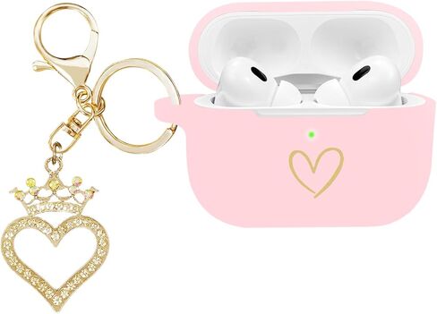 Compatible with AirPods Pro 2 Case Cover 2022, Soft Silicone Case with Gold Heart Pattern for AirPods Pro 2nd/1st Generation Case with Rhinestone Studded Love Heart Keychain (Black) in Saudi Arabia