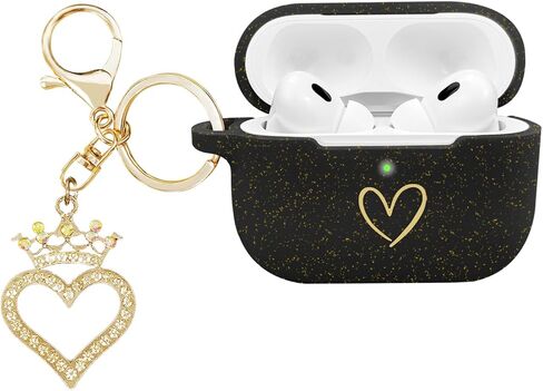 Compatible with AirPods Pro 2 Case Cover 2022, Soft Silicone Case with Gold Heart Pattern for AirPods Pro 2nd/1st Generation Case with Rhinestone Studded Love Heart Keychain (Black) in Saudi Arabia