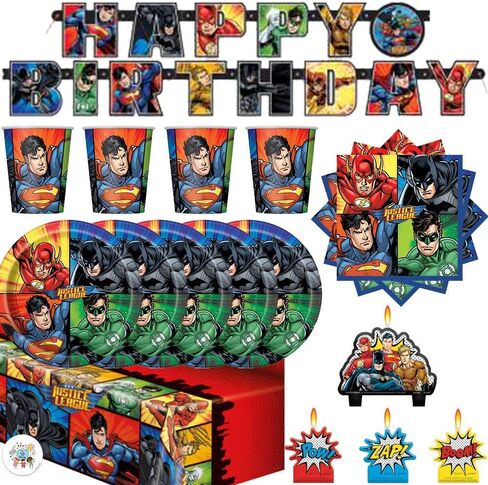 مجموعة لوازم حفلات عيد الميلاد من Justice League تكفي لـ 16 ضيفًا مع أطباق ومناديل وأكواب وغطاء طاولة ولافتة عيد ميلاد وشمعة ودبوس حصري من Another Dream in Kuwait