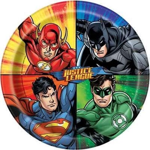 مجموعة لوازم حفلات عيد الميلاد من Justice League تكفي لـ 16 ضيفًا مع أطباق ومناديل وأكواب وغطاء طاولة ولافتة عيد ميلاد وشمعة ودبوس حصري من Another Dream in Kuwait