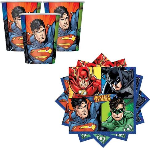 مجموعة لوازم حفلات عيد الميلاد من Justice League تكفي لـ 16 ضيفًا مع أطباق ومناديل وأكواب وغطاء طاولة ولافتة عيد ميلاد وشمعة ودبوس حصري من Another Dream in Kuwait