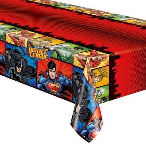 مجموعة لوازم حفلات عيد الميلاد من Justice League تكفي لـ 16 ضيفًا مع أطباق ومناديل وأكواب وغطاء طاولة ولافتة عيد ميلاد وشمعة ودبوس حصري من Another Dream in Kuwait