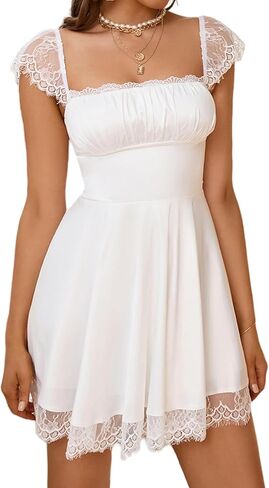 ZGMYC المرأة ساحة الرقبة الساتان الدانتيل حزام فستان قصير أنيق فلوي كشكش ألف خط فستان محكم من عند الصدر ويتدلى بشكل واسع فستان حفلة كوكتيل in Kuwait