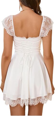 ZGMYC المرأة ساحة الرقبة الساتان الدانتيل حزام فستان قصير أنيق فلوي كشكش ألف خط فستان محكم من عند الصدر ويتدلى بشكل واسع فستان حفلة كوكتيل in Kuwait