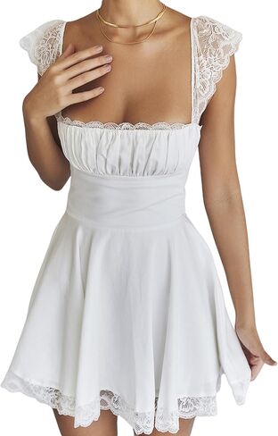 ZGMYC المرأة ساحة الرقبة الساتان الدانتيل حزام فستان قصير أنيق فلوي كشكش ألف خط فستان محكم من عند الصدر ويتدلى بشكل واسع فستان حفلة كوكتيل in Kuwait