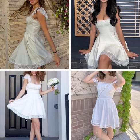 ZGMYC المرأة ساحة الرقبة الساتان الدانتيل حزام فستان قصير أنيق فلوي كشكش ألف خط فستان محكم من عند الصدر ويتدلى بشكل واسع فستان حفلة كوكتيل in Kuwait