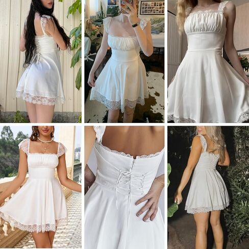 ZGMYC المرأة ساحة الرقبة الساتان الدانتيل حزام فستان قصير أنيق فلوي كشكش ألف خط فستان محكم من عند الصدر ويتدلى بشكل واسع فستان حفلة كوكتيل in Kuwait