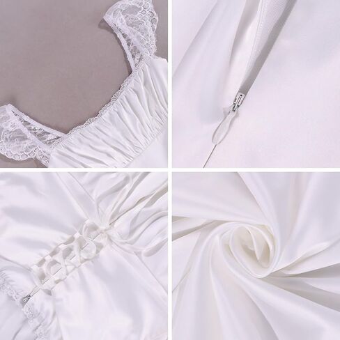 ZGMYC المرأة ساحة الرقبة الساتان الدانتيل حزام فستان قصير أنيق فلوي كشكش ألف خط فستان محكم من عند الصدر ويتدلى بشكل واسع فستان حفلة كوكتيل in Kuwait