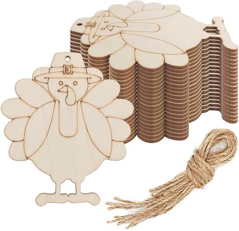 20pcs Turkey Wood Cutouts DIY Crafts Wooden Turkey Shaped Hanging Tags with Hole Hemp Ropes for Fall Harvest Thanksgiving Christmas Party Decorations in Saudi Arabia
